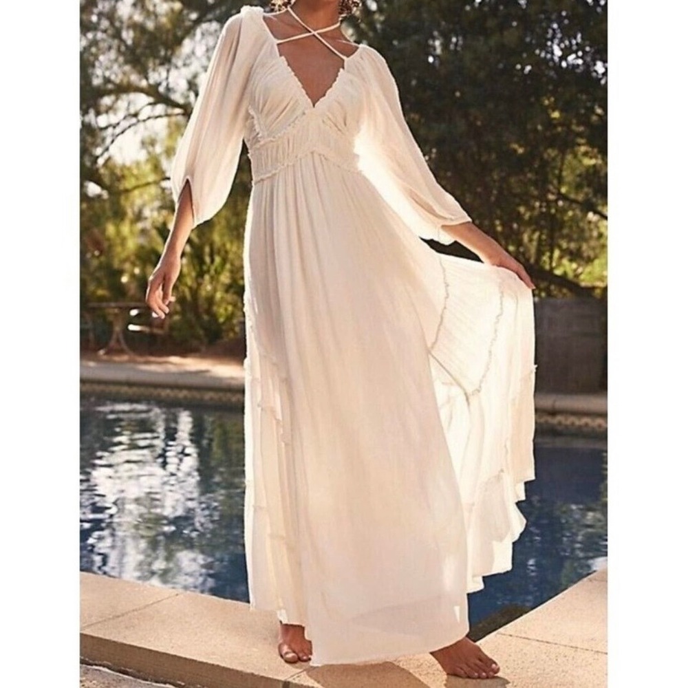 Free People Boho White Crinkle Gauze Tiered Maxi Dress Puff Sleeve Lace Trim